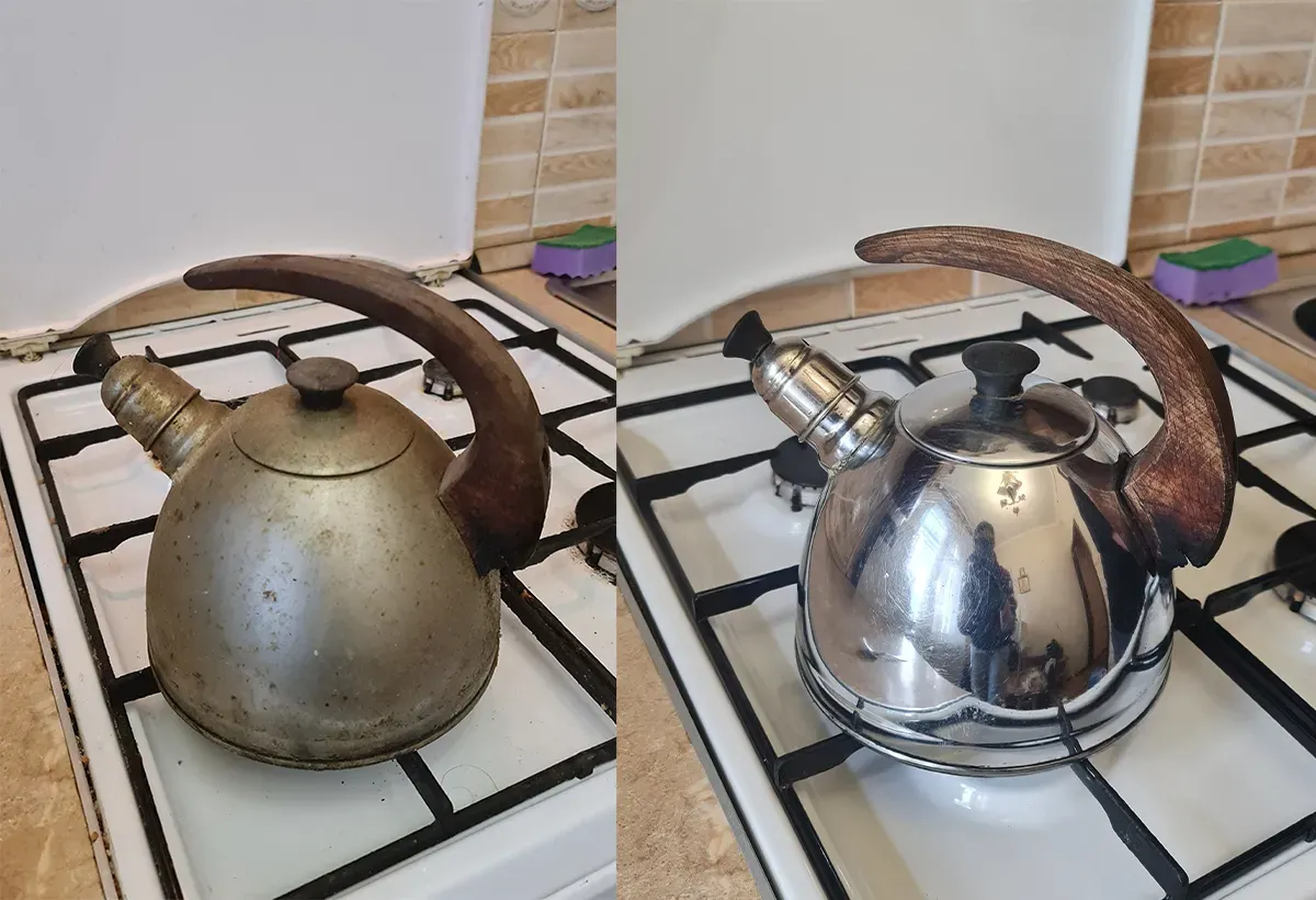 Чайник на газовій плиті до і після чищення